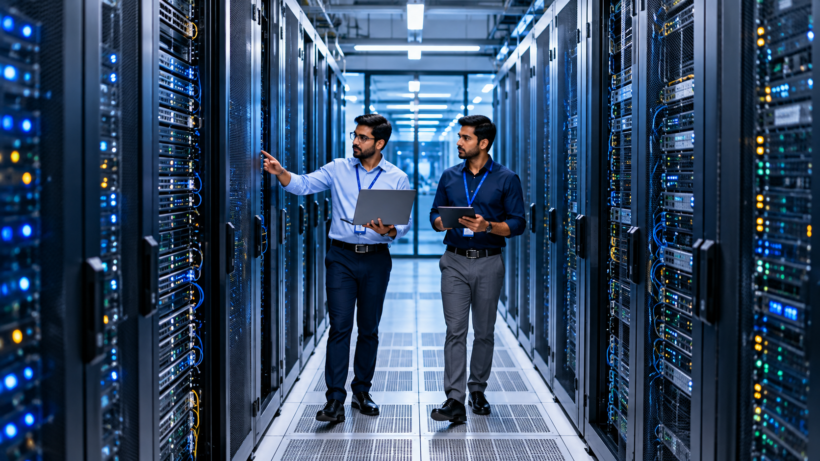 Two data centre engineers inspecting server racks with a laptop and tablet.