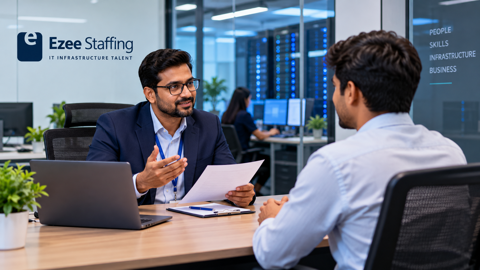 Recruiter discussing a technical role in an office.