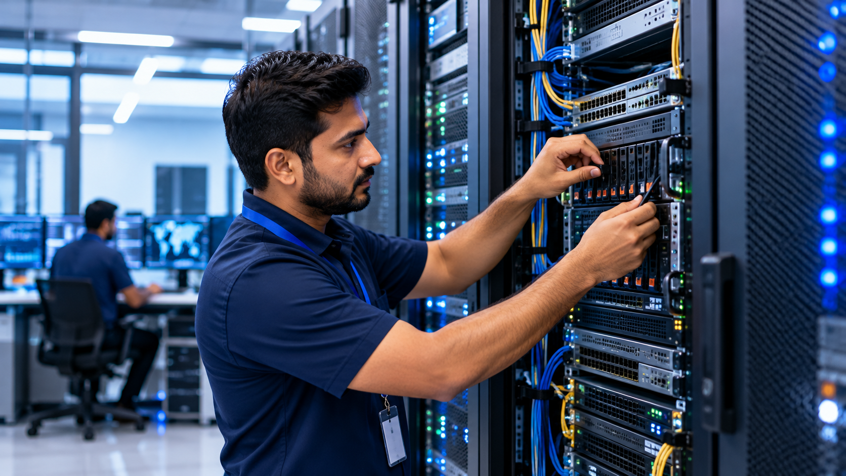 Infrastructure technician maintaining network and server equipment in a data centre.