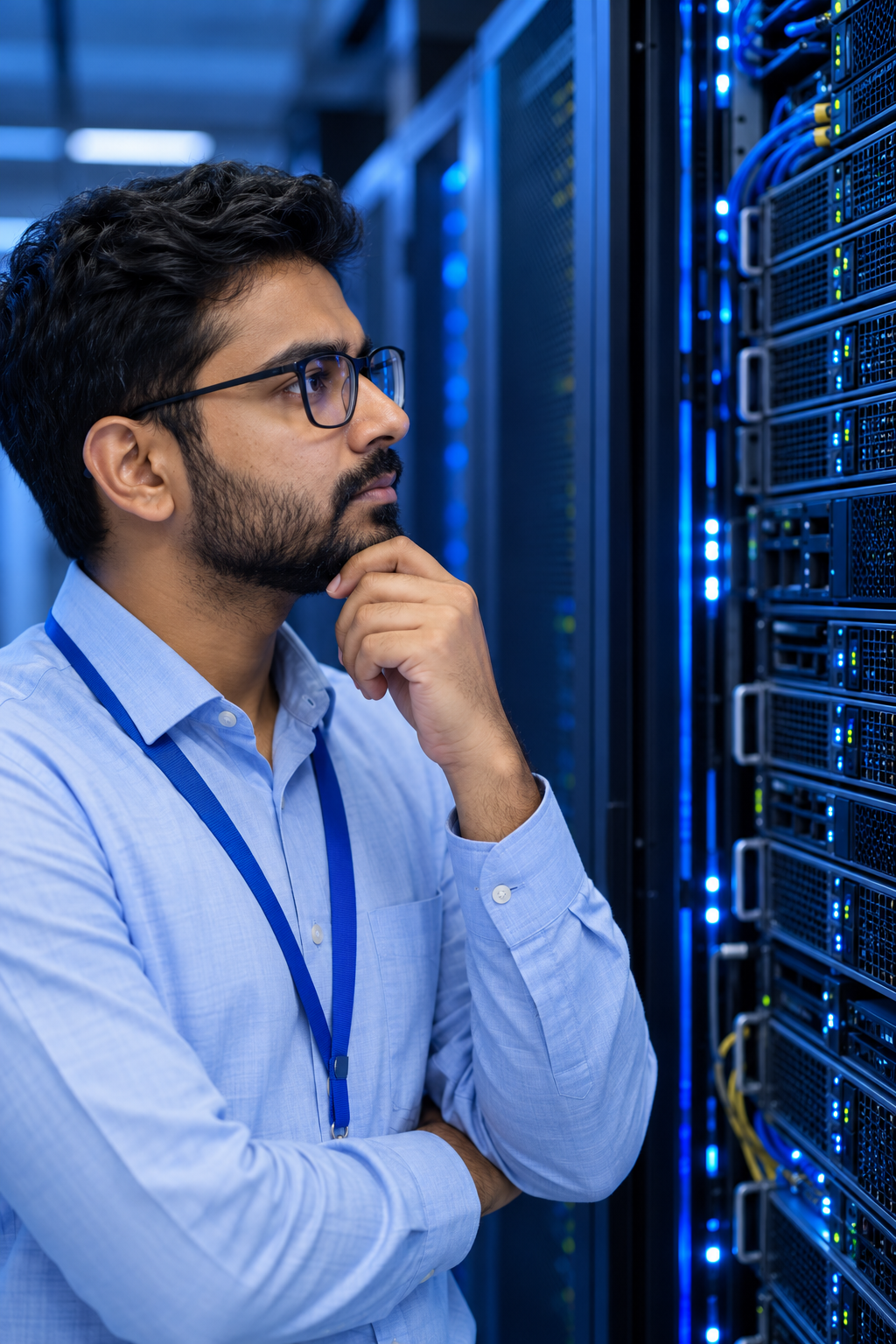 Illustrative IT specialist considering enterprise server infrastructure.
