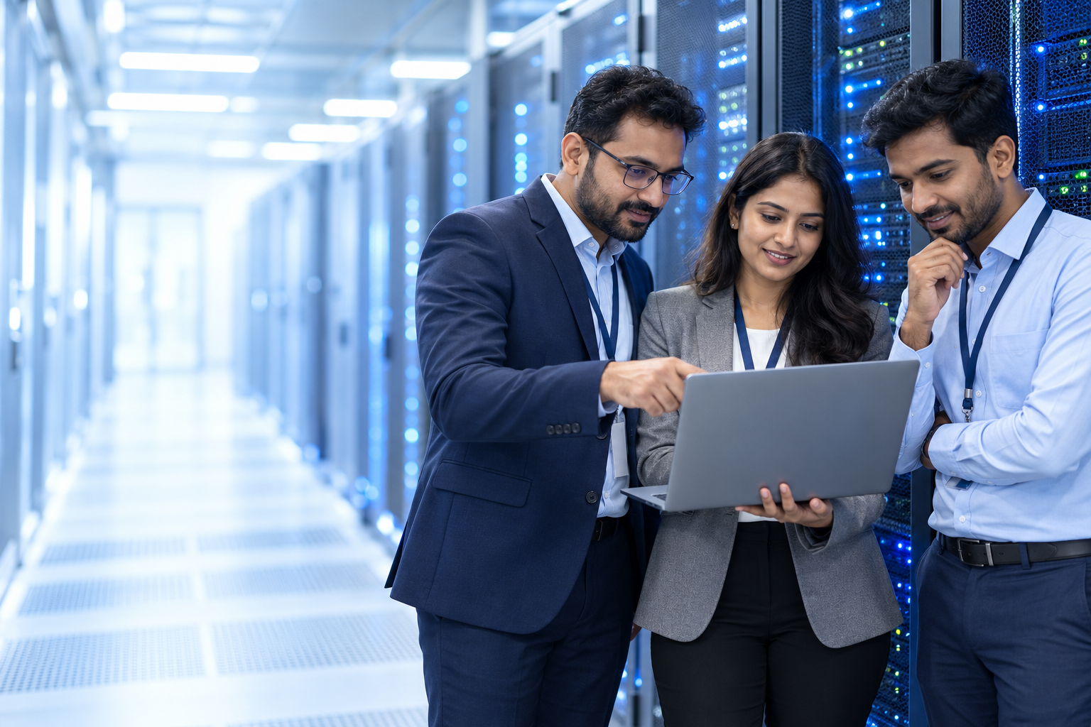 Illustrative Indian technology professionals reviewing a laptop in a data centre.
