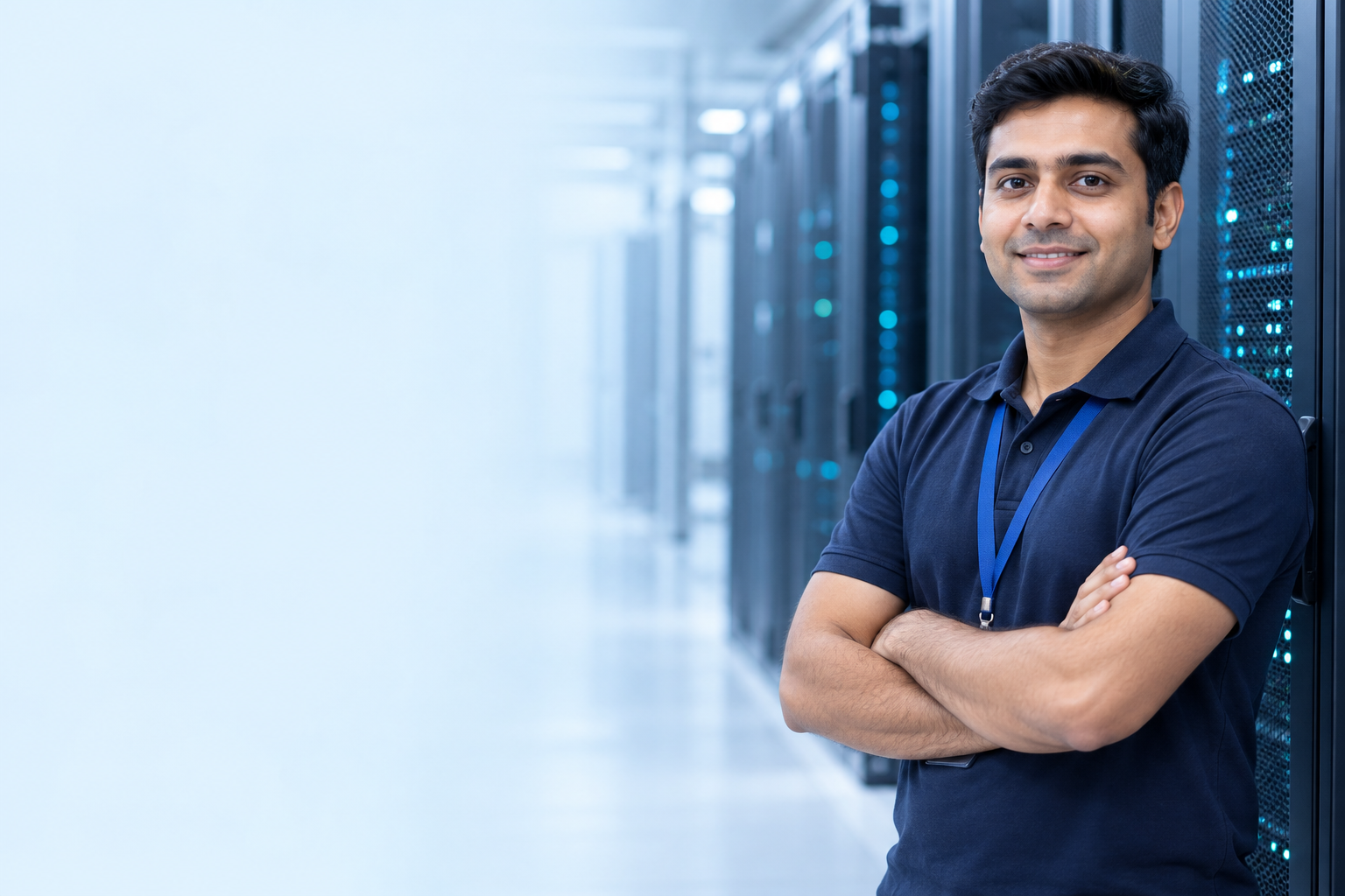 IT infrastructure professional in a navy polo shirt in a data centre.