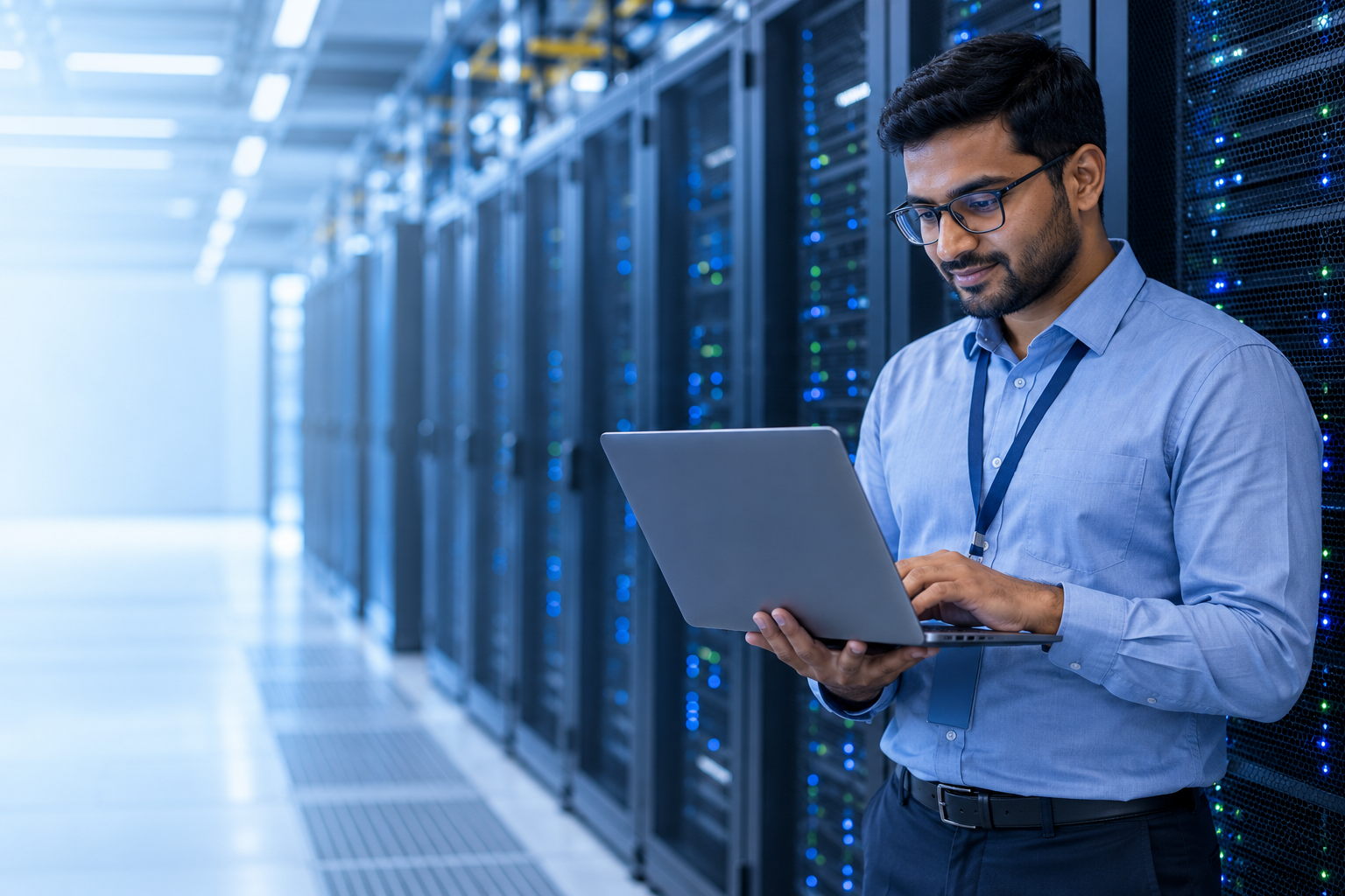 IT infrastructure engineer using a laptop beside enterprise server racks.