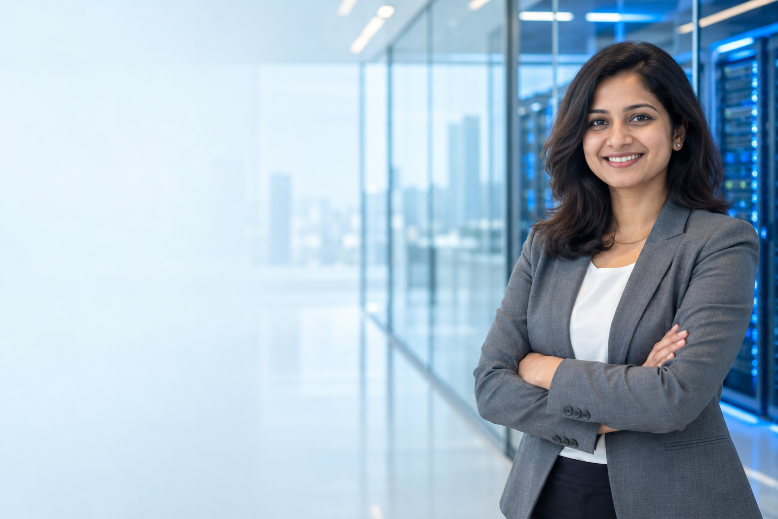 Technology recruitment professional in a modern enterprise office.