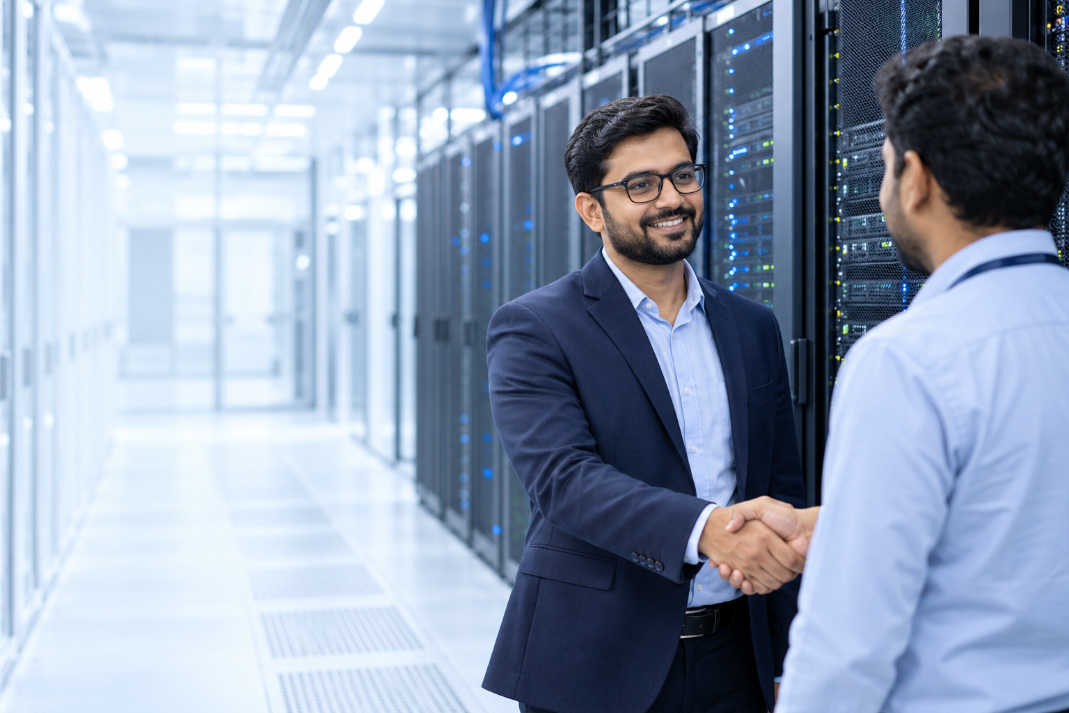 Illustrative recruitment professional greeting a technical specialist in a data centre.