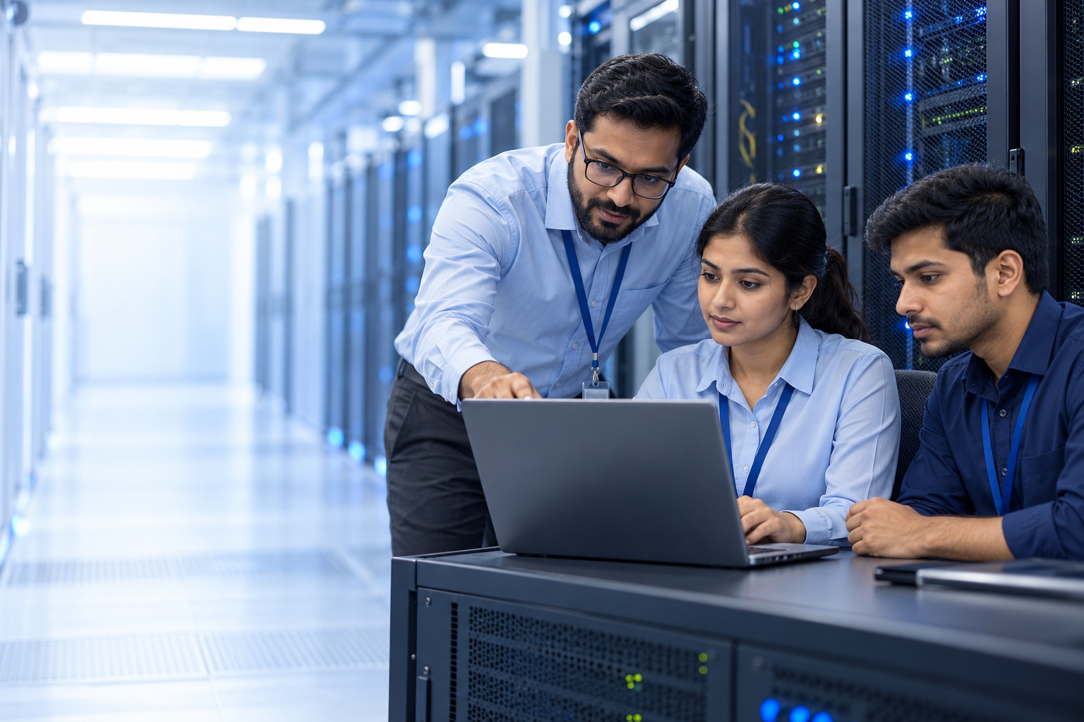 Illustrative IT infrastructure professionals reviewing a laptop during a technical preparation session.